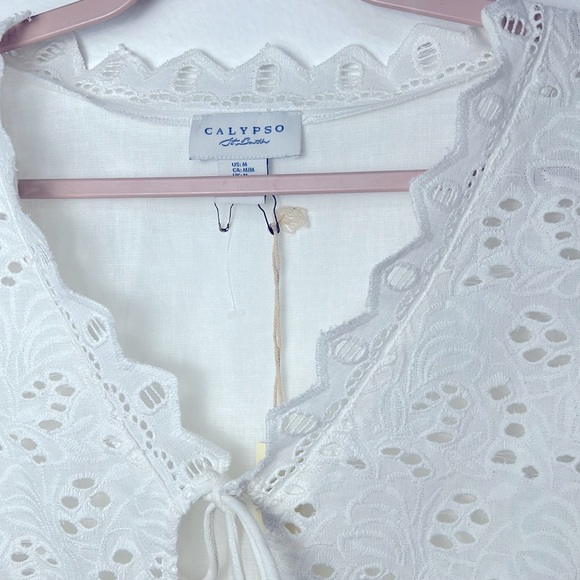 Calypso St. Barth White Eyelet Puff Sleeve Crop Cotton Blouse Tie Top Medium - Picture 5 of 10